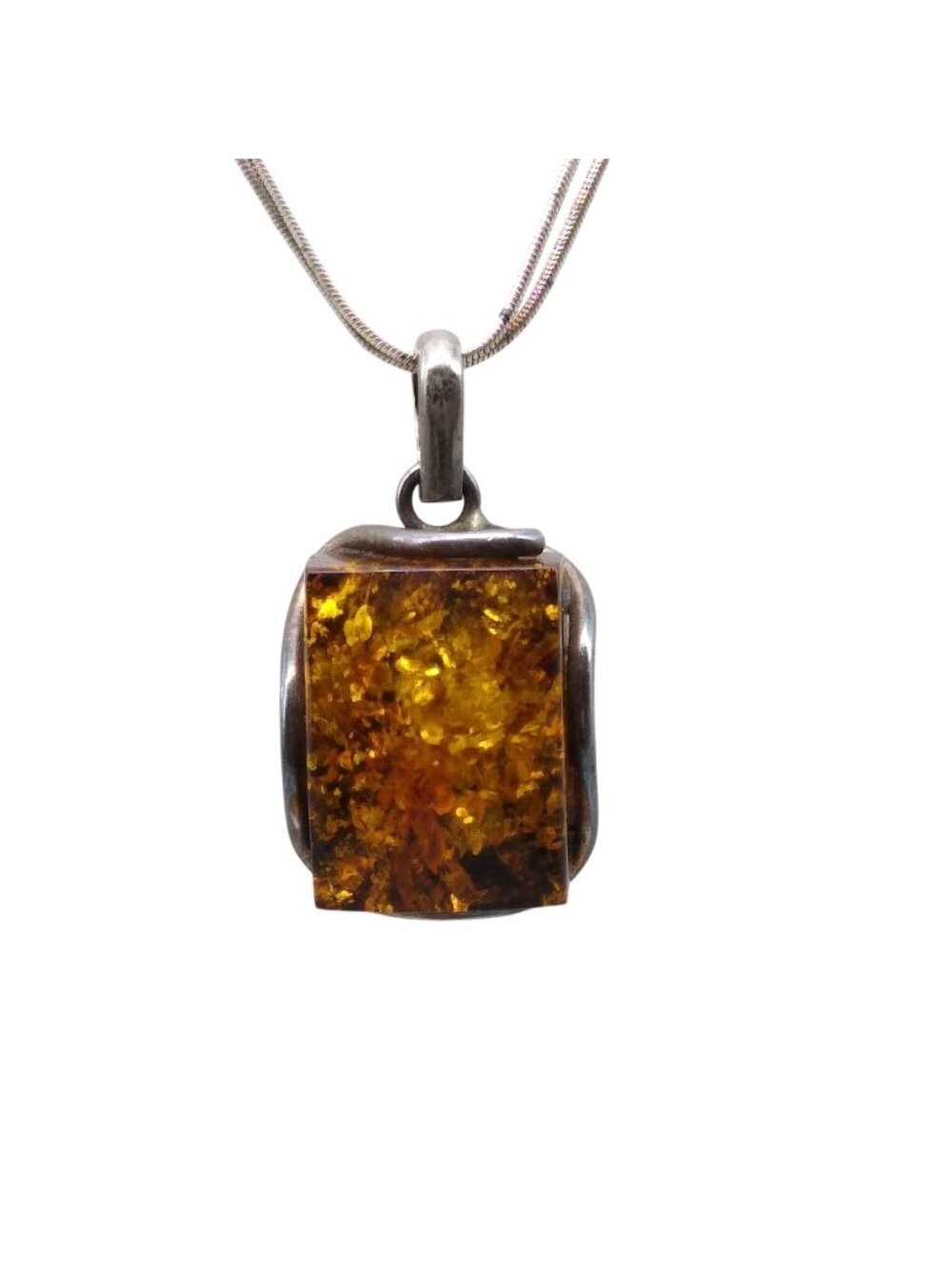 Vintage Natural Green Amber Pendant Necklace, Square in Freeform Silver Frame